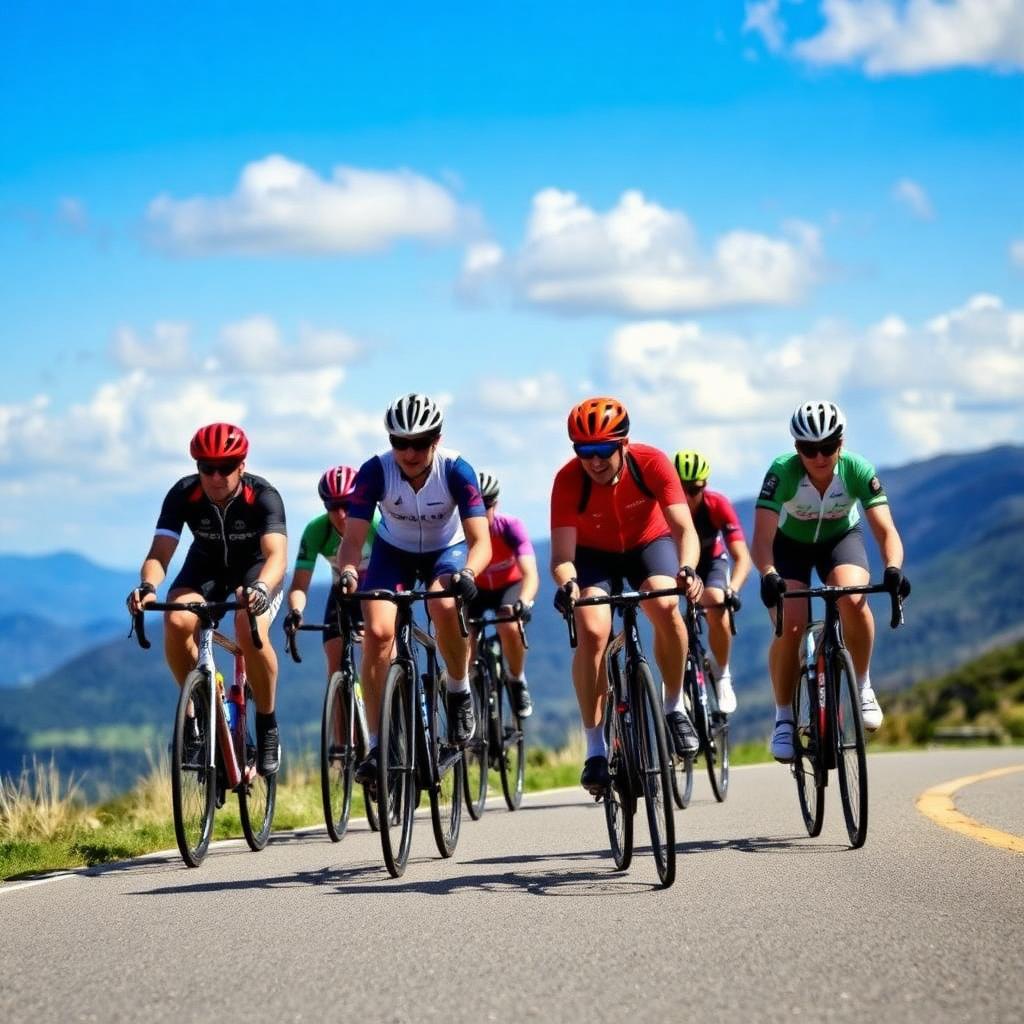 Grupo de ciclistas em estrada de montanha